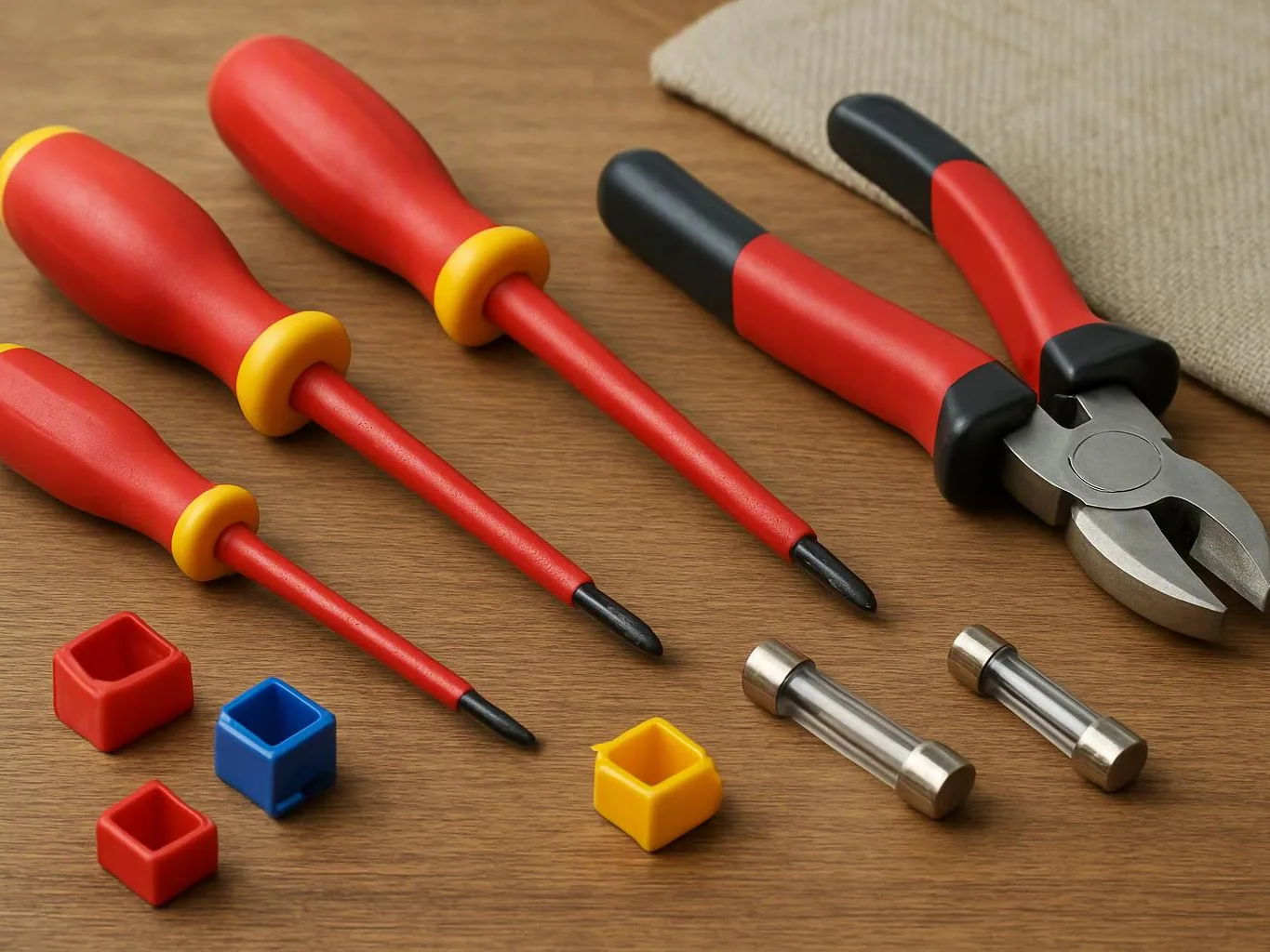 Assorted red and black hand tools and small plastic pieces are laid out on a wooden surface