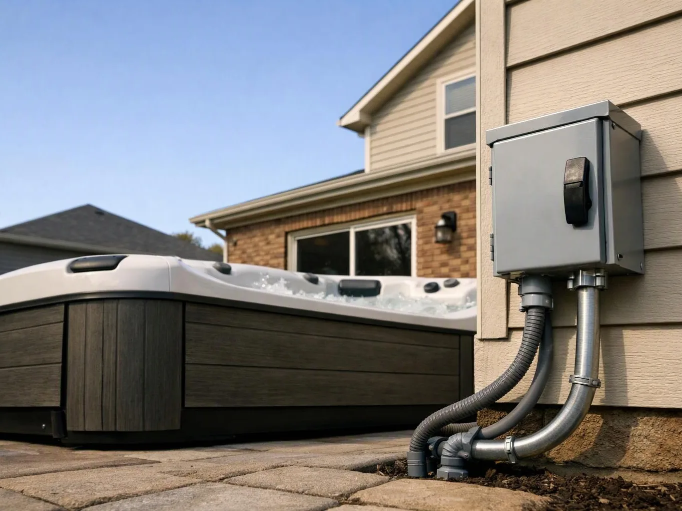 A backyard hot tub sits beside a house, with an outdoor electrical box and conduit in the foreground