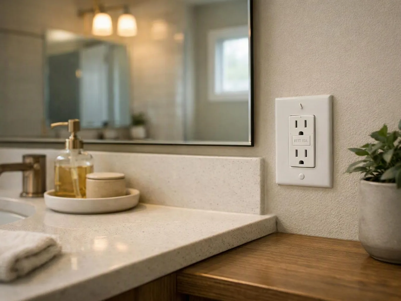 A bathroom countertop holds a soap dispenser, tray, and plant beside an outlet and mirror