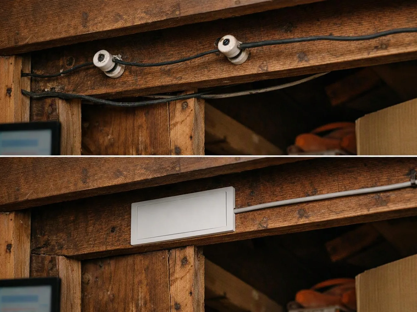 Before and after view of exposed wires becoming a blank wall plate on rough wooden framing