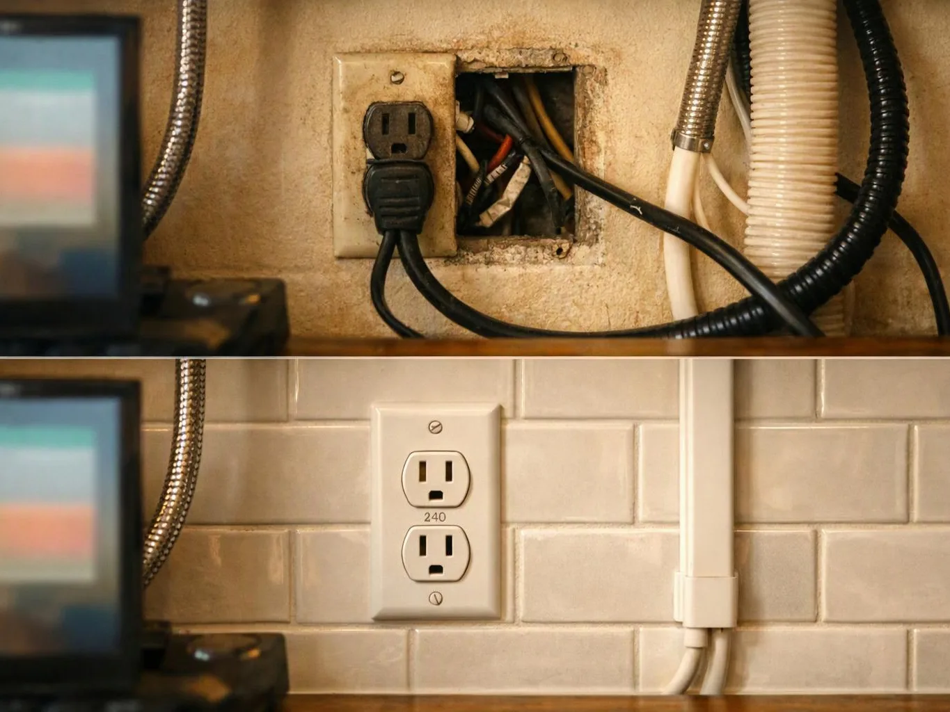 A before-and-after view shows a messy exposed outlet above a neat tiled wall with a clean new outlet cover