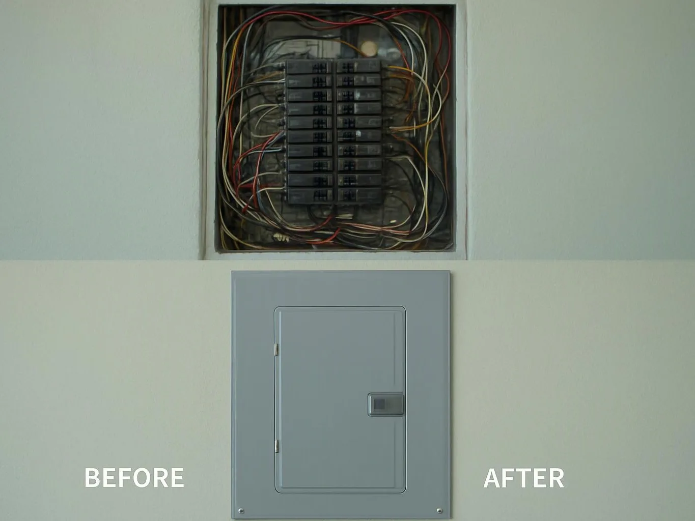 A before-and-after view shows an open electrical panel with tangled wires above a closed gray breaker door