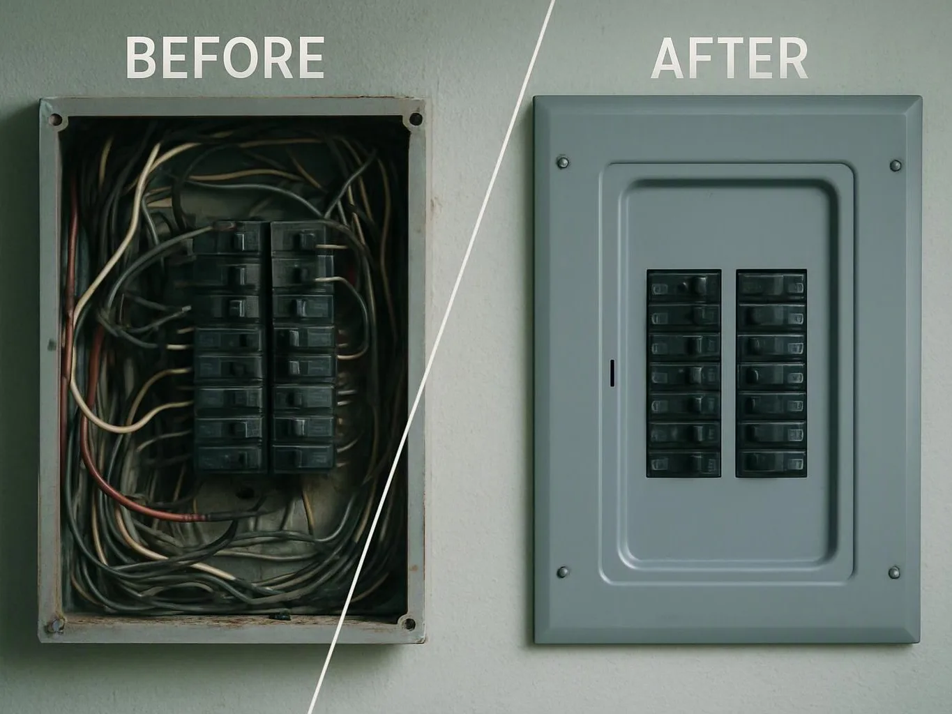 A before-and-after view shows an open messy electrical panel beside a clean covered breaker box on a wall