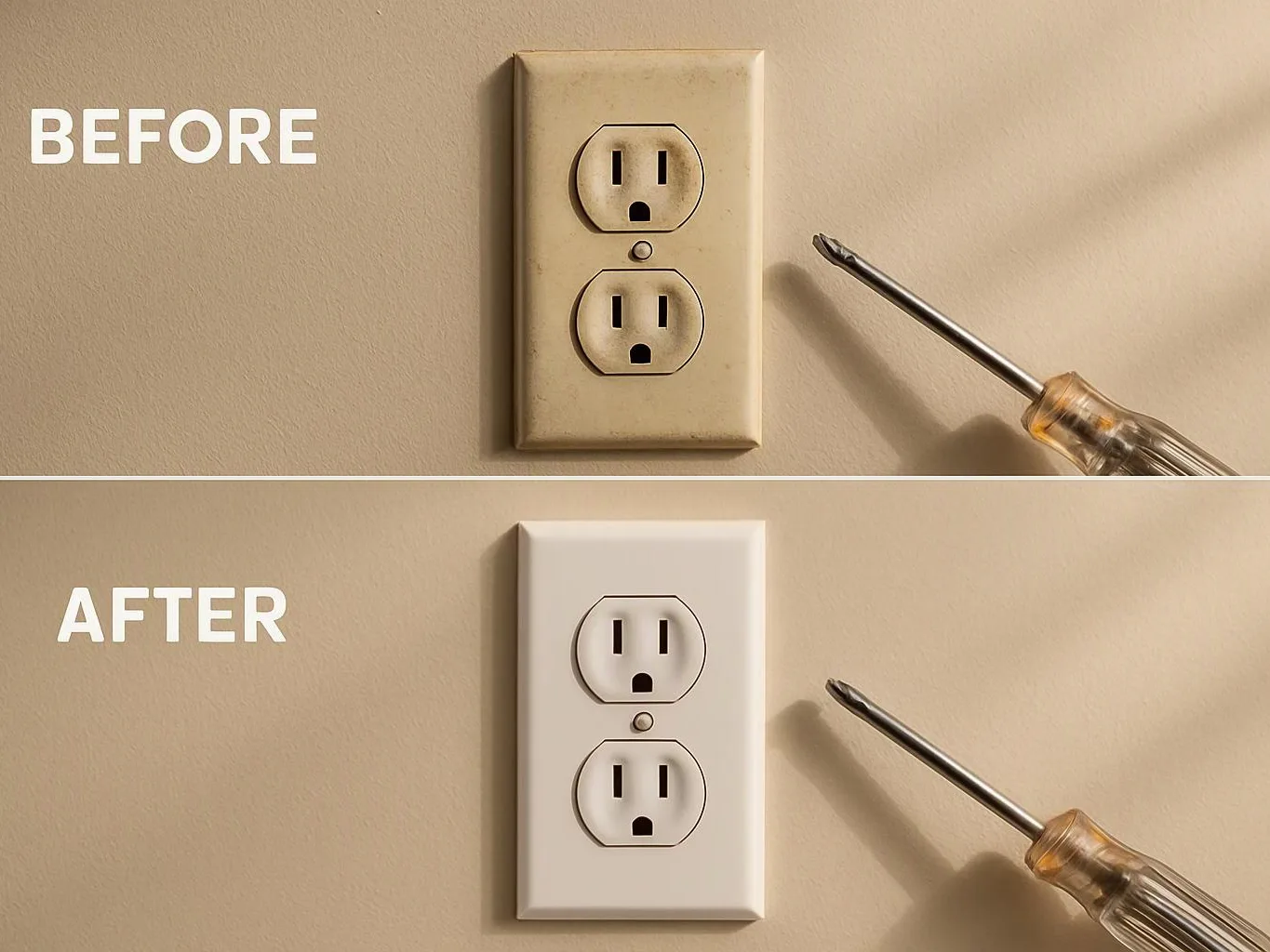 Before-and-after view of a wall outlet plate, with a screwdriver beside the cleaned white outlet on a beige wall