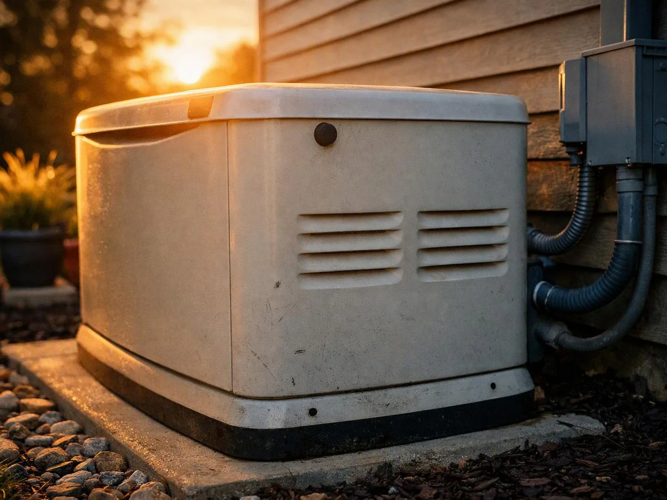 A beige outdoor generator sits beside a house at sunset, with pipes and vents visible