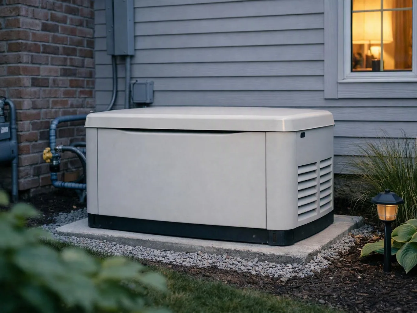 A beige outdoor generator sits on a concrete pad beside a house wall and lit window