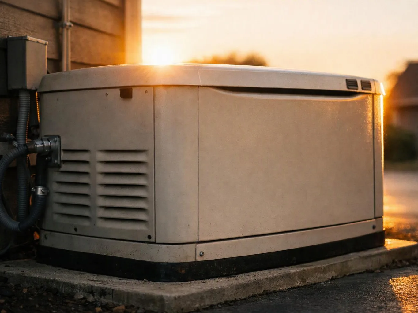 A beige outdoor generator sits on a concrete pad beside a wall at sunset
