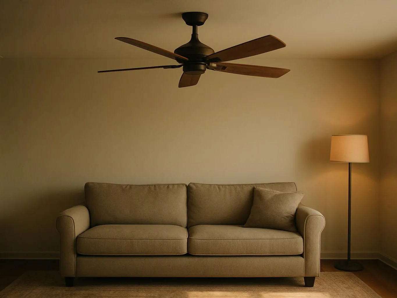 A beige sofa sits beneath a ceiling fan, with a floor lamp glowing beside it in a plain room