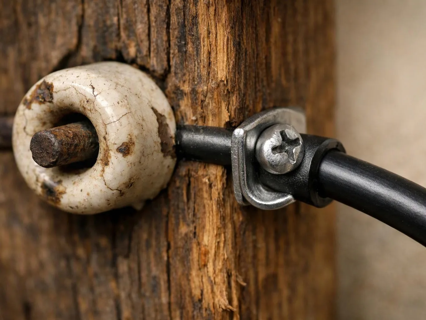 A black cable passes through a cracked ceramic insulator fixed to a weathered wooden post