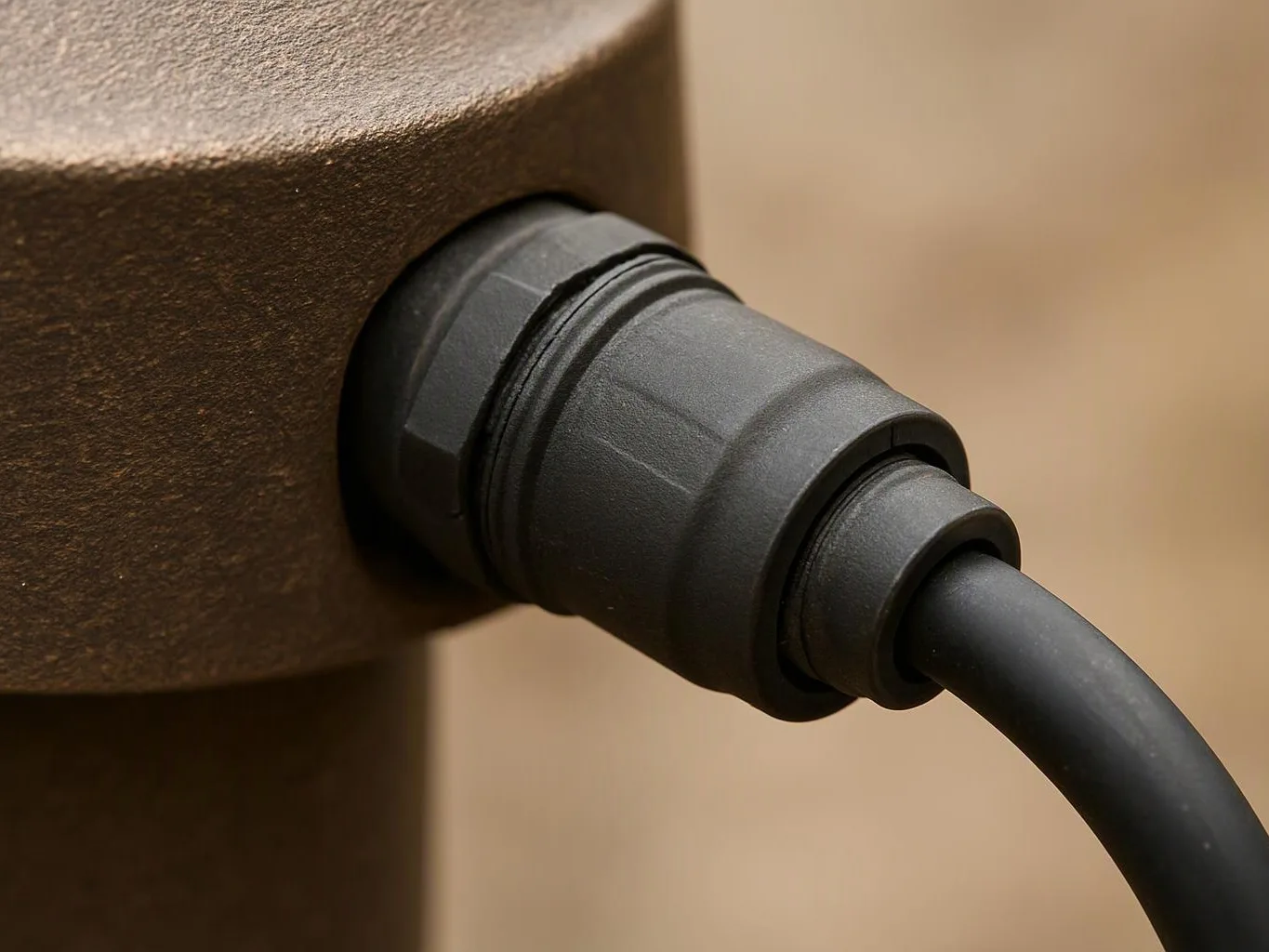 A black cable plugs into a brown metal socket against a blurred tan background