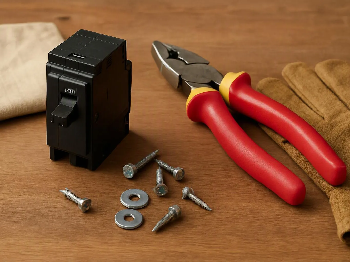A black electrical switch, red-handled pliers, screws, washers, and work gloves lie on a wooden table