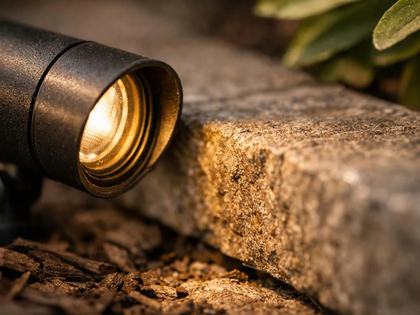 A black flashlight shines warm light onto a rough stone edge and mulch in close-up