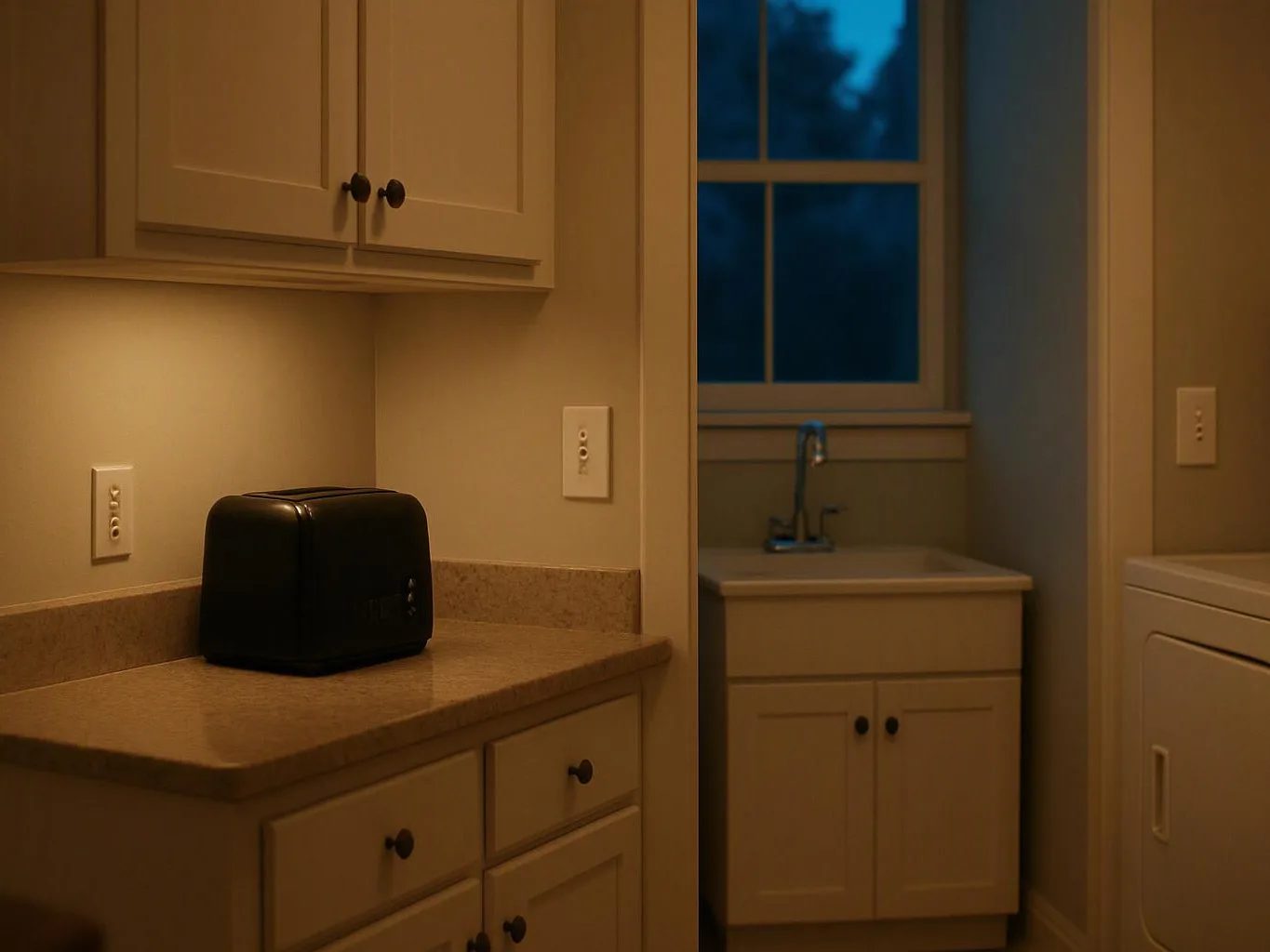 A black toaster sits on a beige kitchen counter beside cabinets and a laundry room doorway