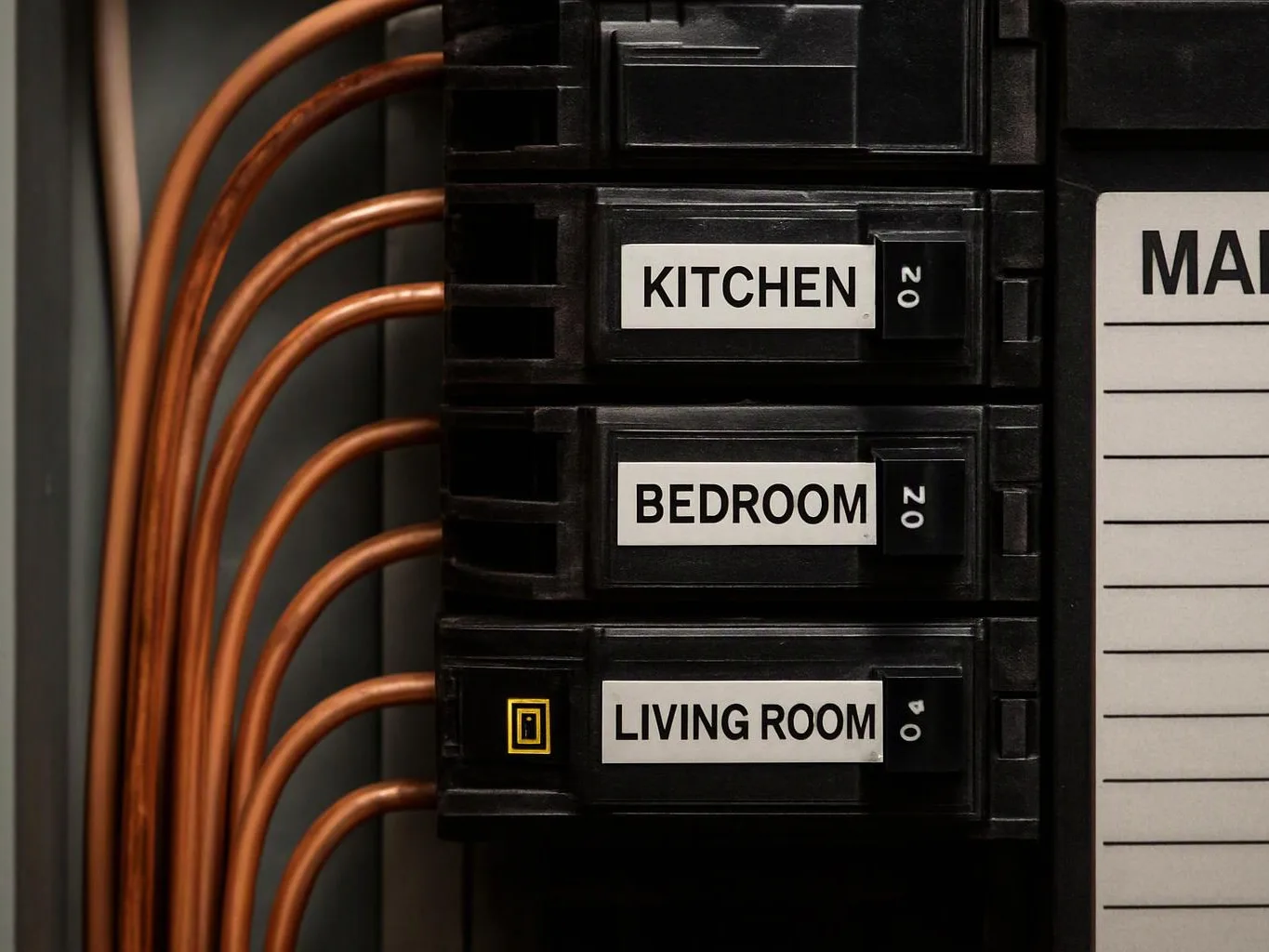 A breaker panel shows labeled switches for kitchen, bedroom, and living room with copper wires beside them