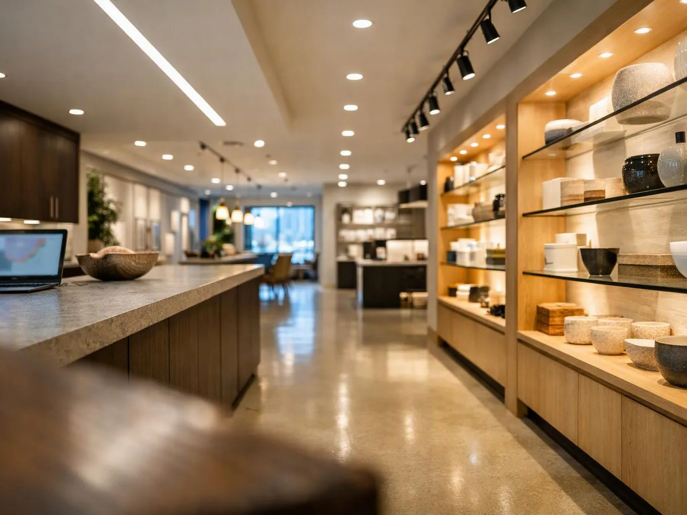 Bright modern showroom aisle with shelves of bowls and decor beside a long counter