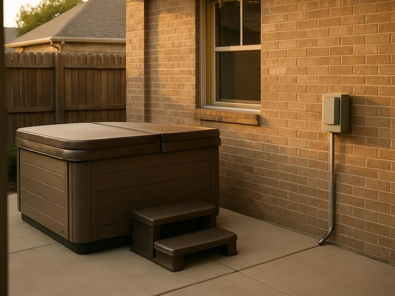 A brown hot tub sits beside a brick house, with small steps and a fenced backyard behind it