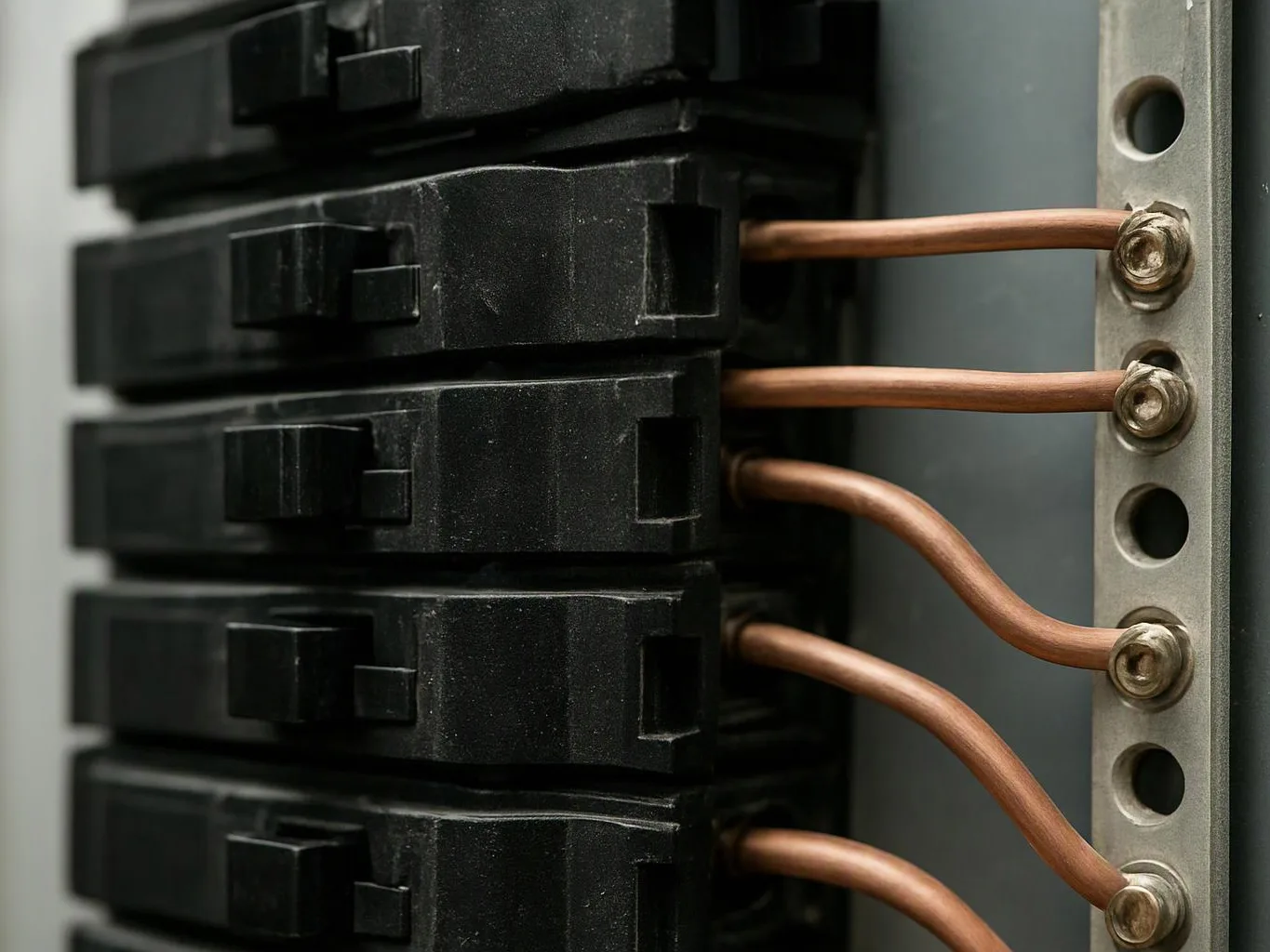 Close-up of black electrical breakers with copper wires connected to a metal panel inside a cabinet
