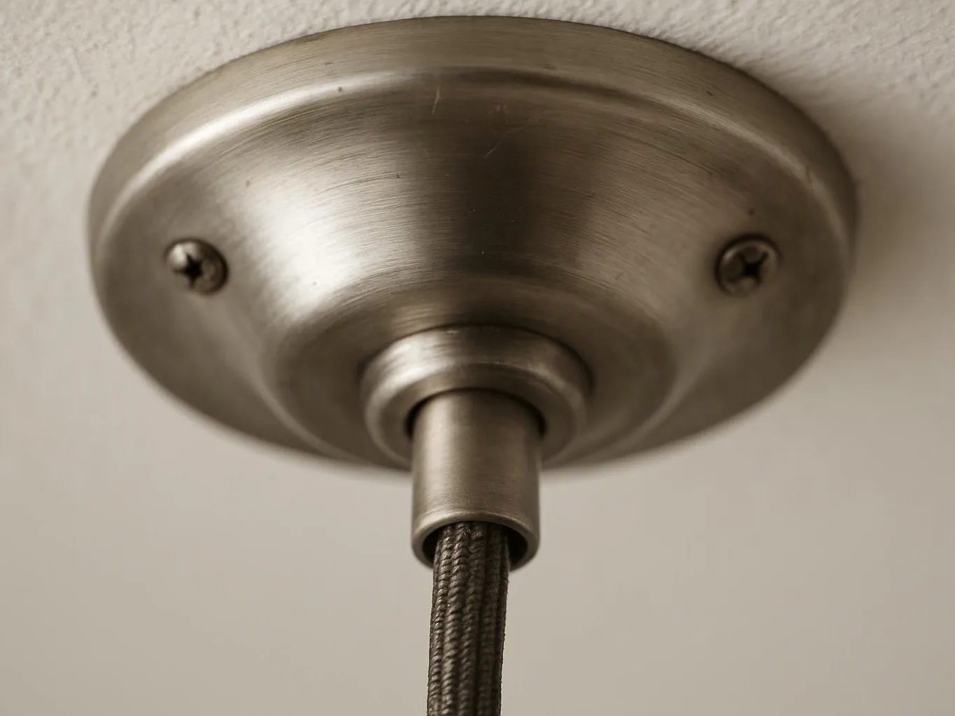 Close-up of a brushed metal ceiling light mount with a braided cord hanging down against a plain wall
