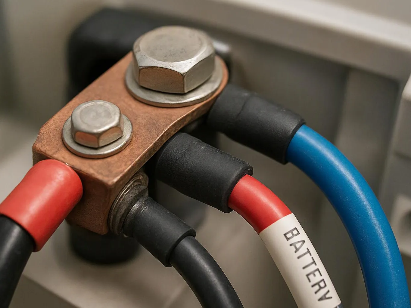 Close-up of copper busbar connections with bolts and red, black, and blue insulated cables in a panel
