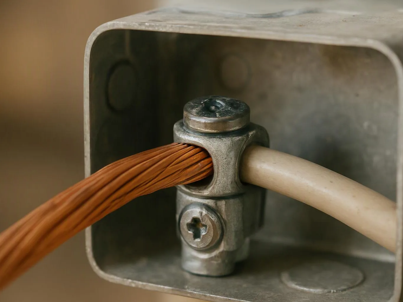 Close-up of copper and white cables clamped inside a gray metal electrical box