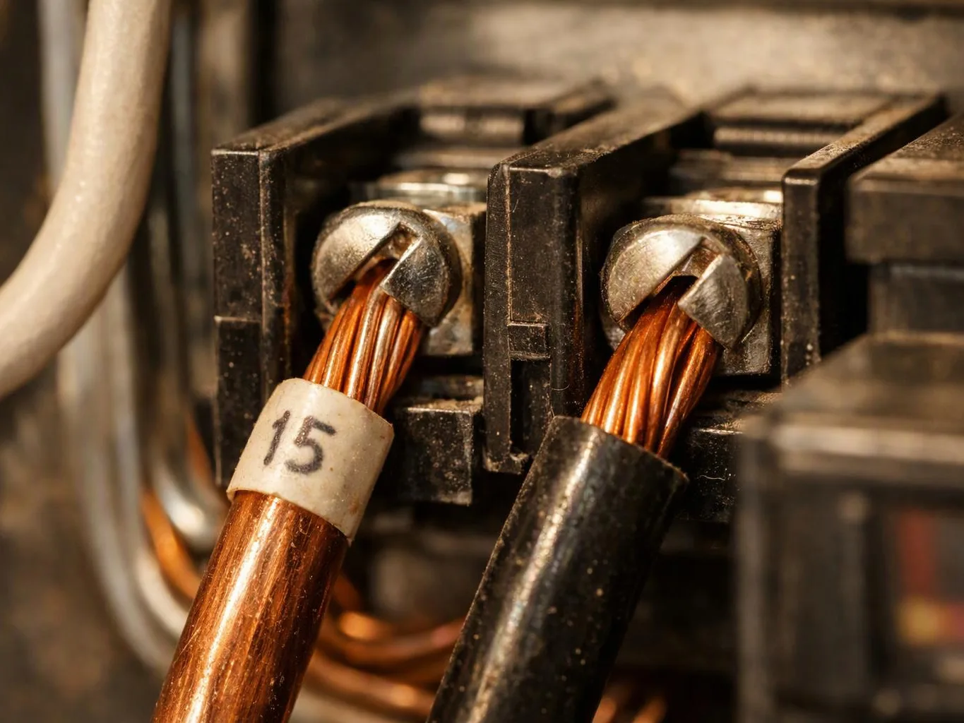 Close-up of copper wires clamped into a black electrical terminal block, with a labeled wire marked 15