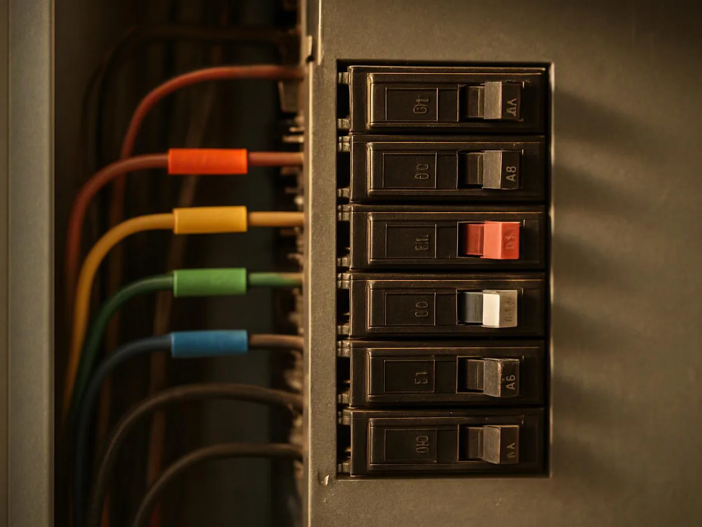 Close-up of an electrical breaker panel with colored wires on the left and labeled switches on the right