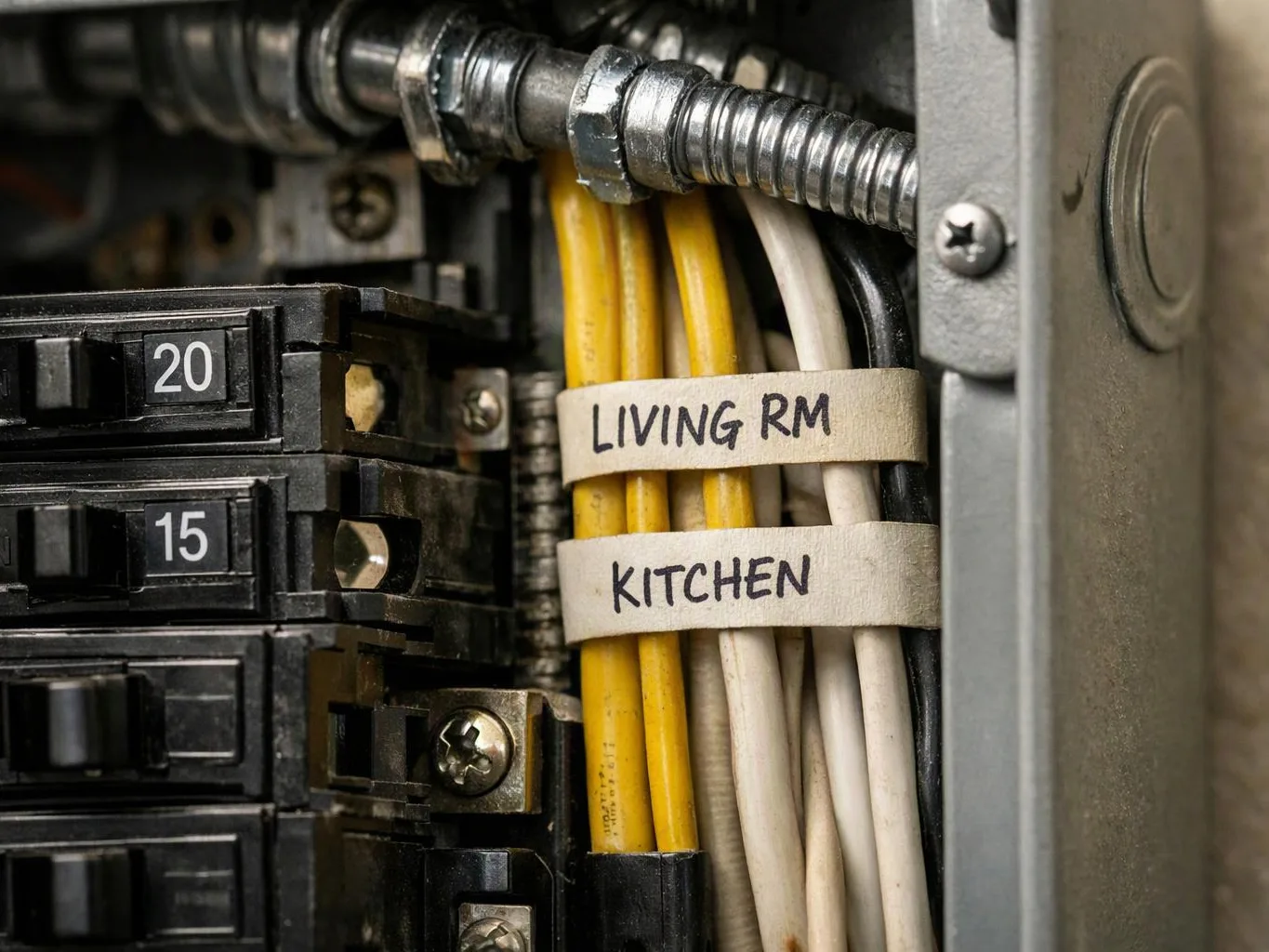 Close-up of an electrical breaker panel with labeled wires marked “LIVING RM” and “KITCHEN”