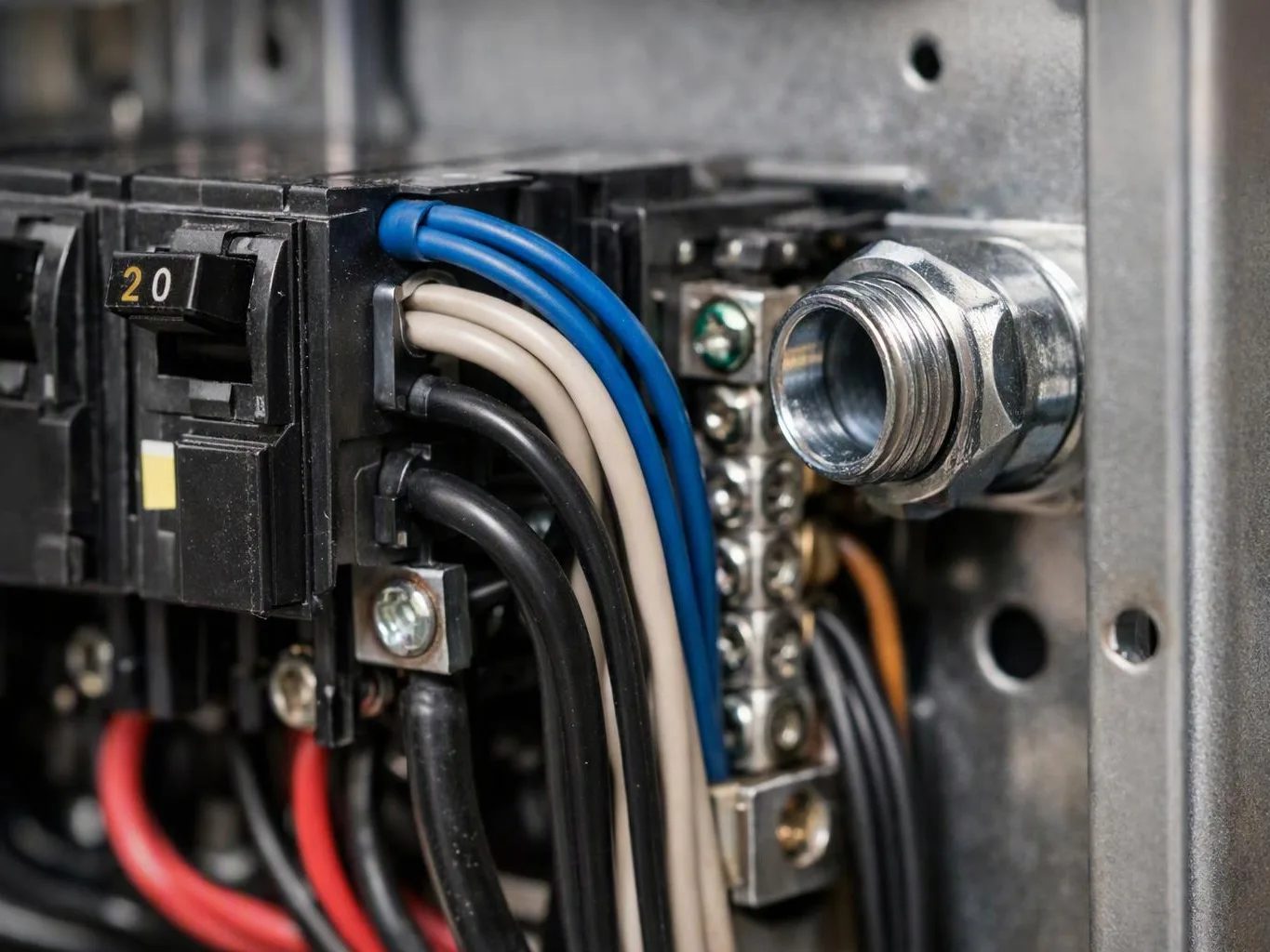 Close-up of an electrical panel with wired breaker components and a metal cable connector