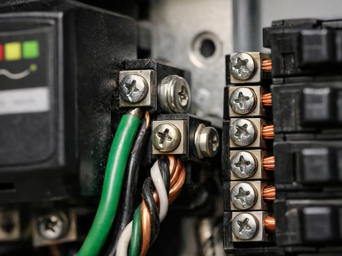 Close-up of electrical wiring and screw terminals inside a circuit panel
