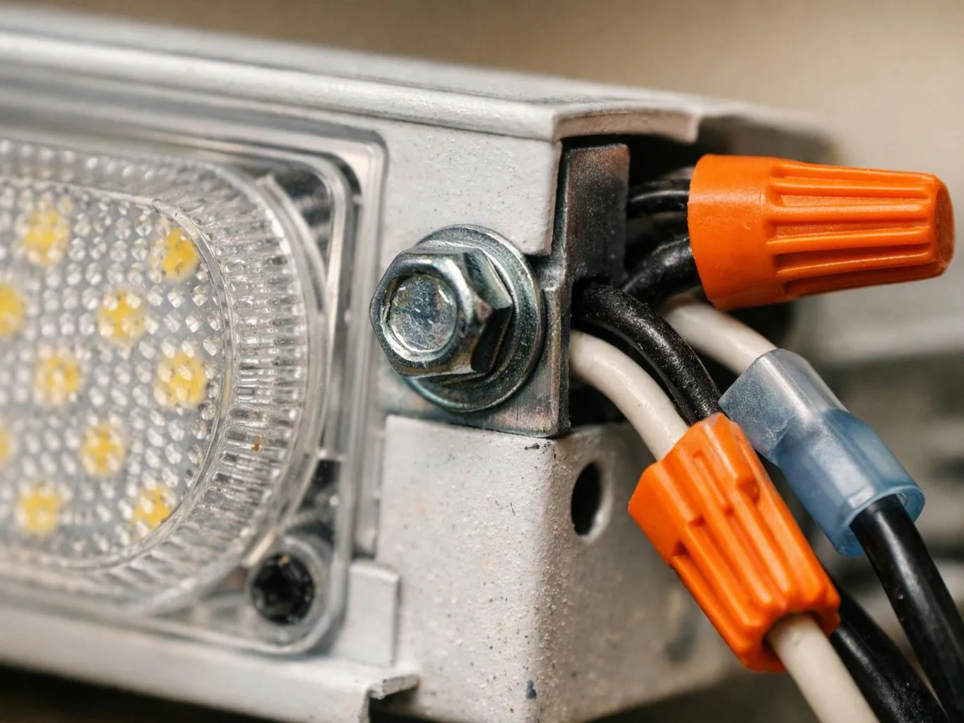 Close-up of a metal light fixture with LED lens, screws, and orange wire connectors connected to black and white cables