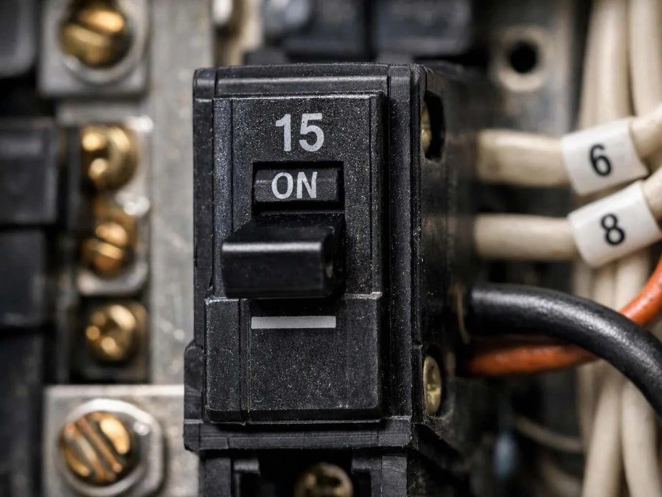 A close-up shows a black 15 amp circuit breaker in an electrical panel with labeled wires attached