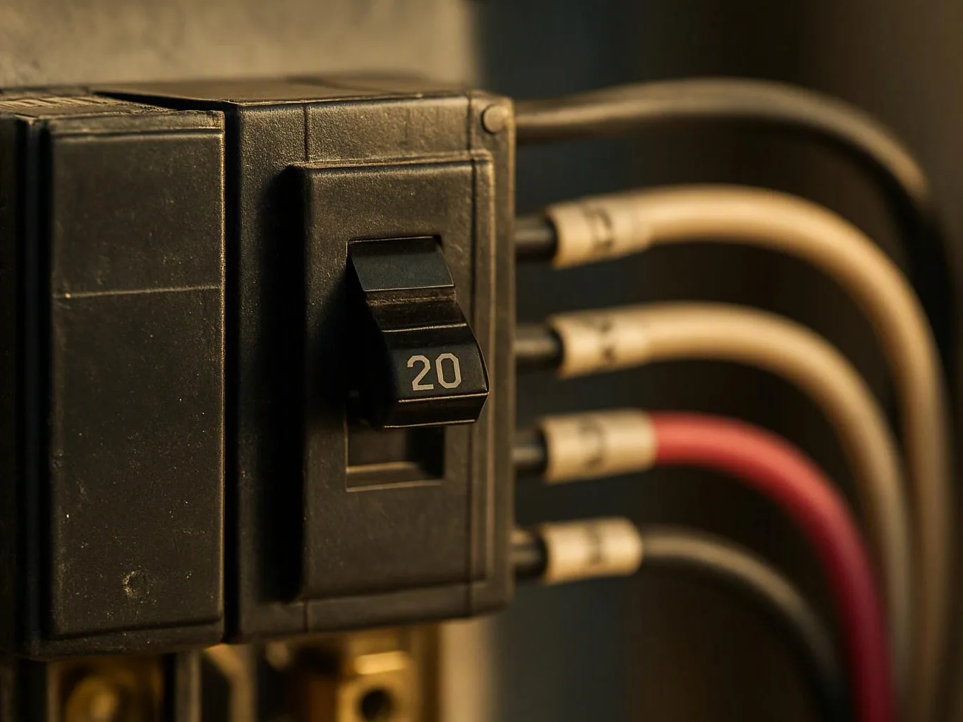 A close-up shows a black circuit breaker labeled 20 with several connected wires in a dim panel box