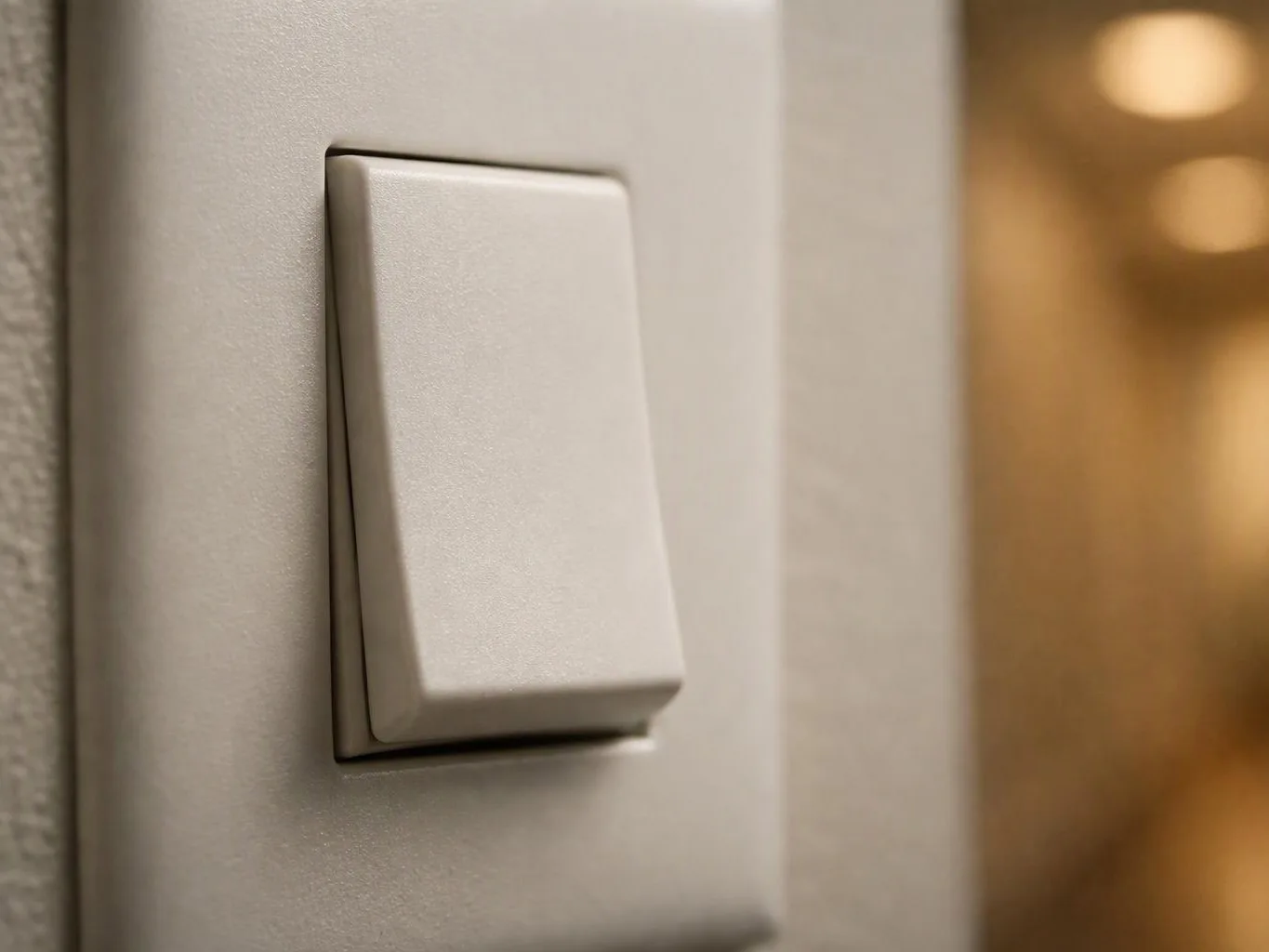 A close-up shows a white wall light switch on a beige surface with blurred warm lights in the background