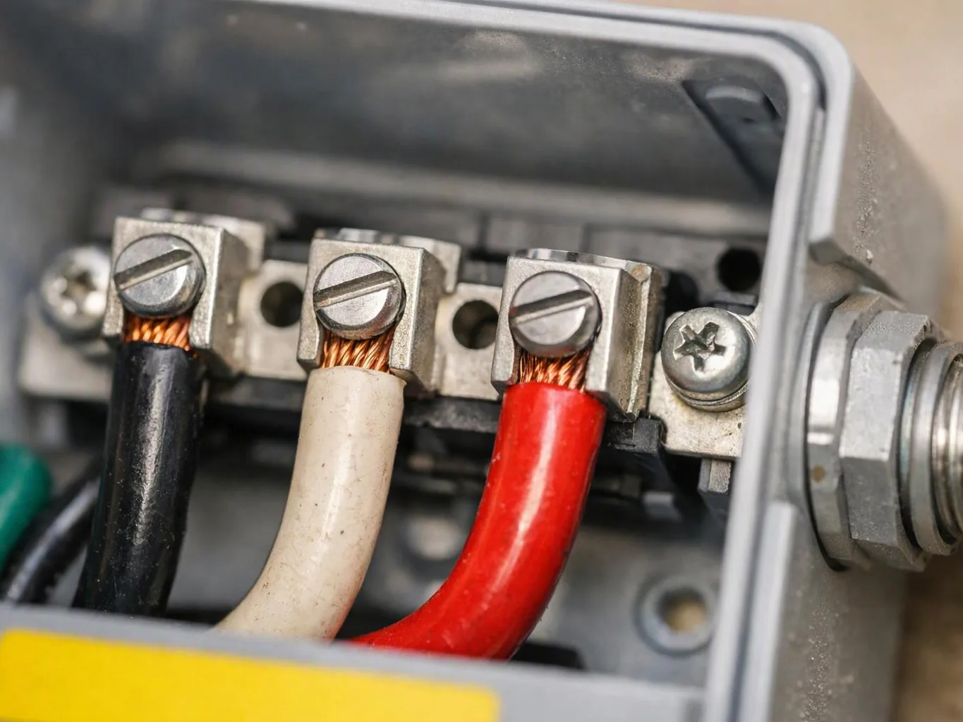 Close-up of three electrical wires clamped to metal terminals inside a gray device housing
