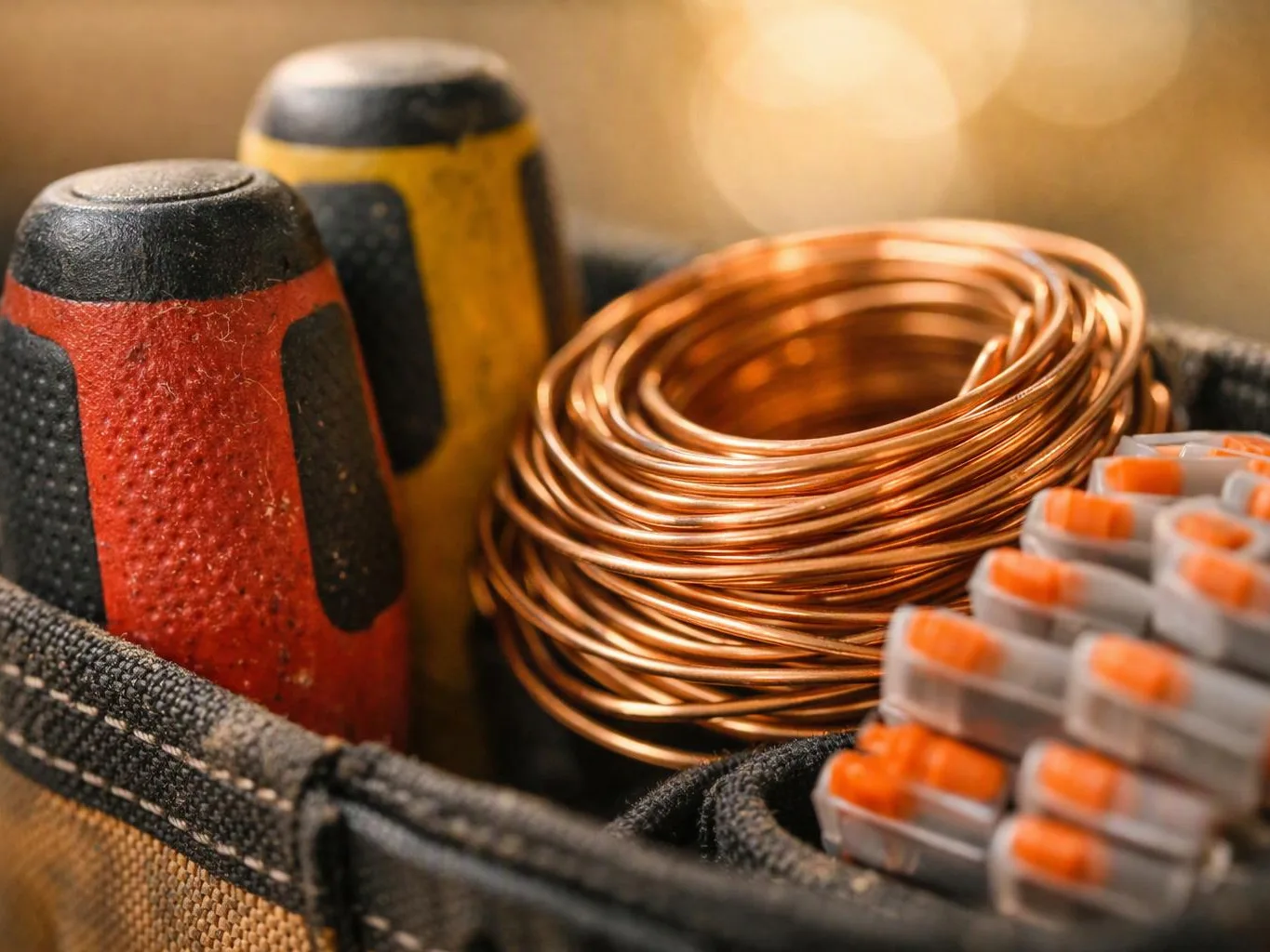 Close-up of a toolbox with copper wire coil, screwdrivers, and small orange-tipped connectors
