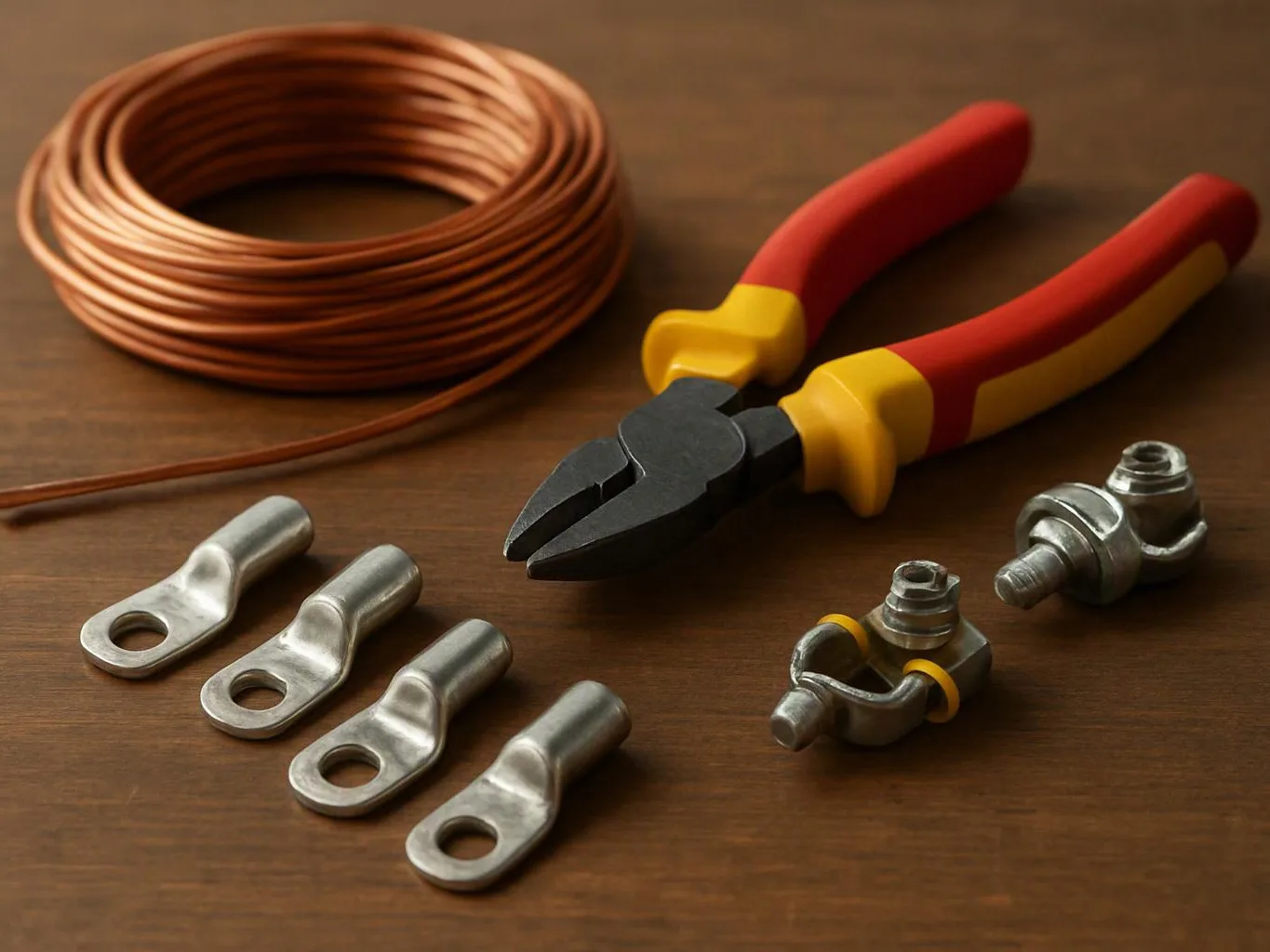 Coiled copper wire, insulated pliers, and metal electrical lugs lie on a wooden table