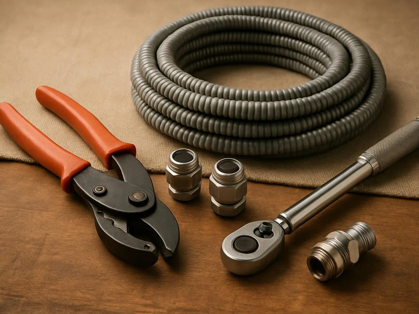 A coiled gray hose, orange-handled cutters, metal fittings, and a ratchet wrench rest on a wooden surface