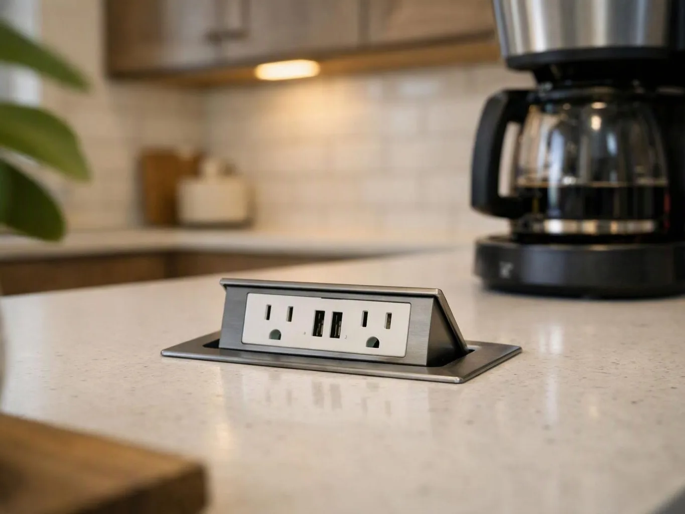 A countertop outlet and USB port sit on a kitchen island beside a coffee maker