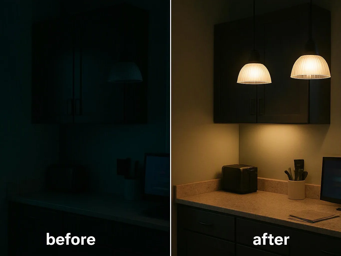 A dark kitchen counter appears before and after lighting, with two pendant lamps glowing on the right