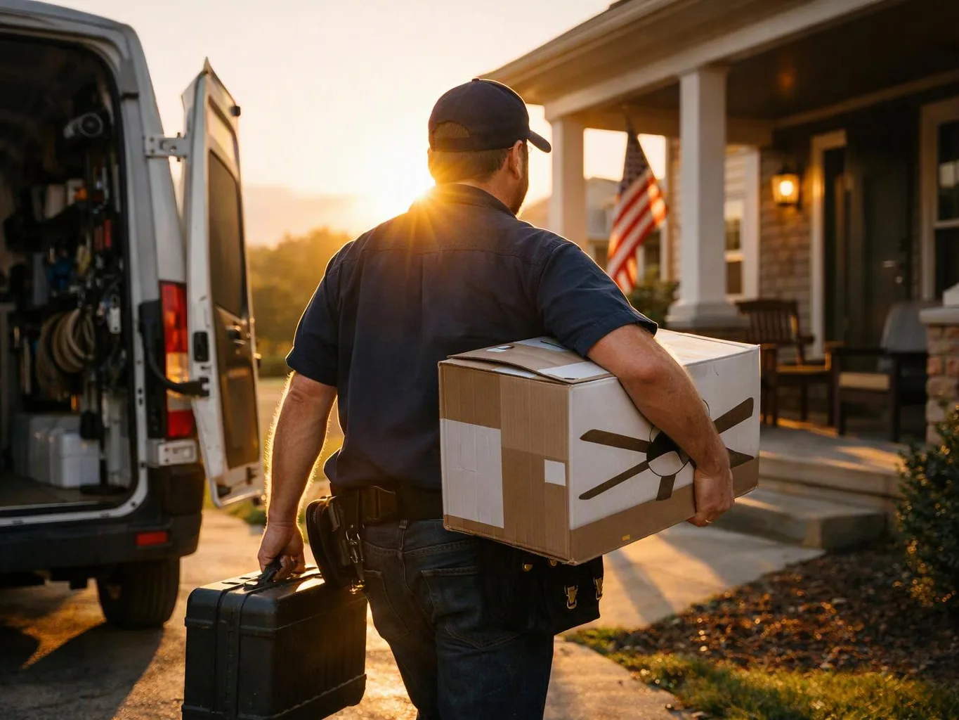 A delivery worker carries a boxed package and a toolbox toward a house at sunset
