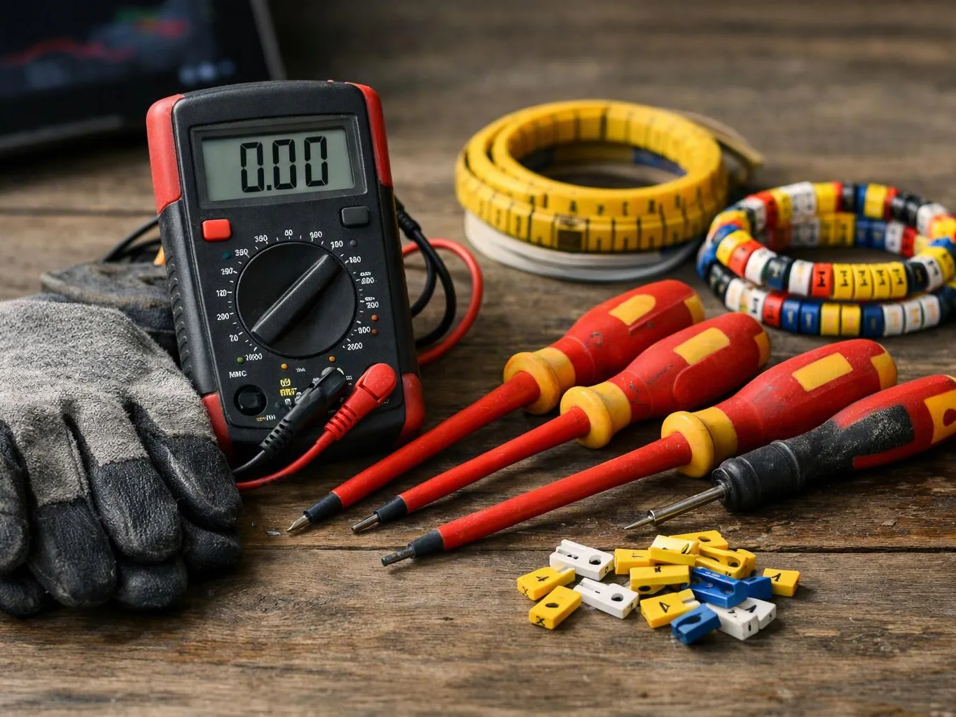 A digital multimeter, screwdrivers, gloves, and wire labels lie on a wooden workbench