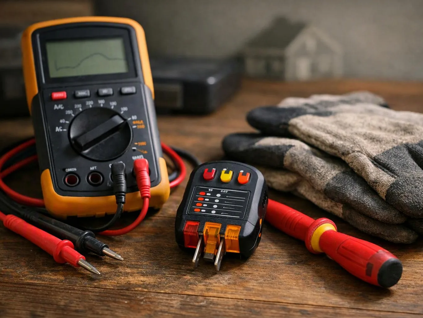 A digital multimeter, test probes, wire adapter, and gloves sit on a wooden workbench
