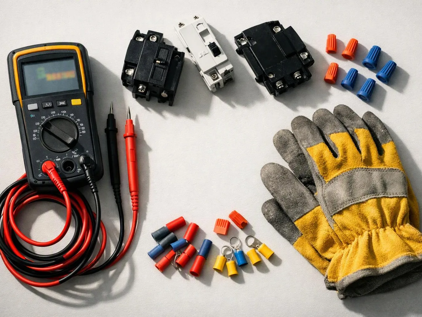 A digital multimeter, wire connectors, and work gloves are arranged on a bright tabletop