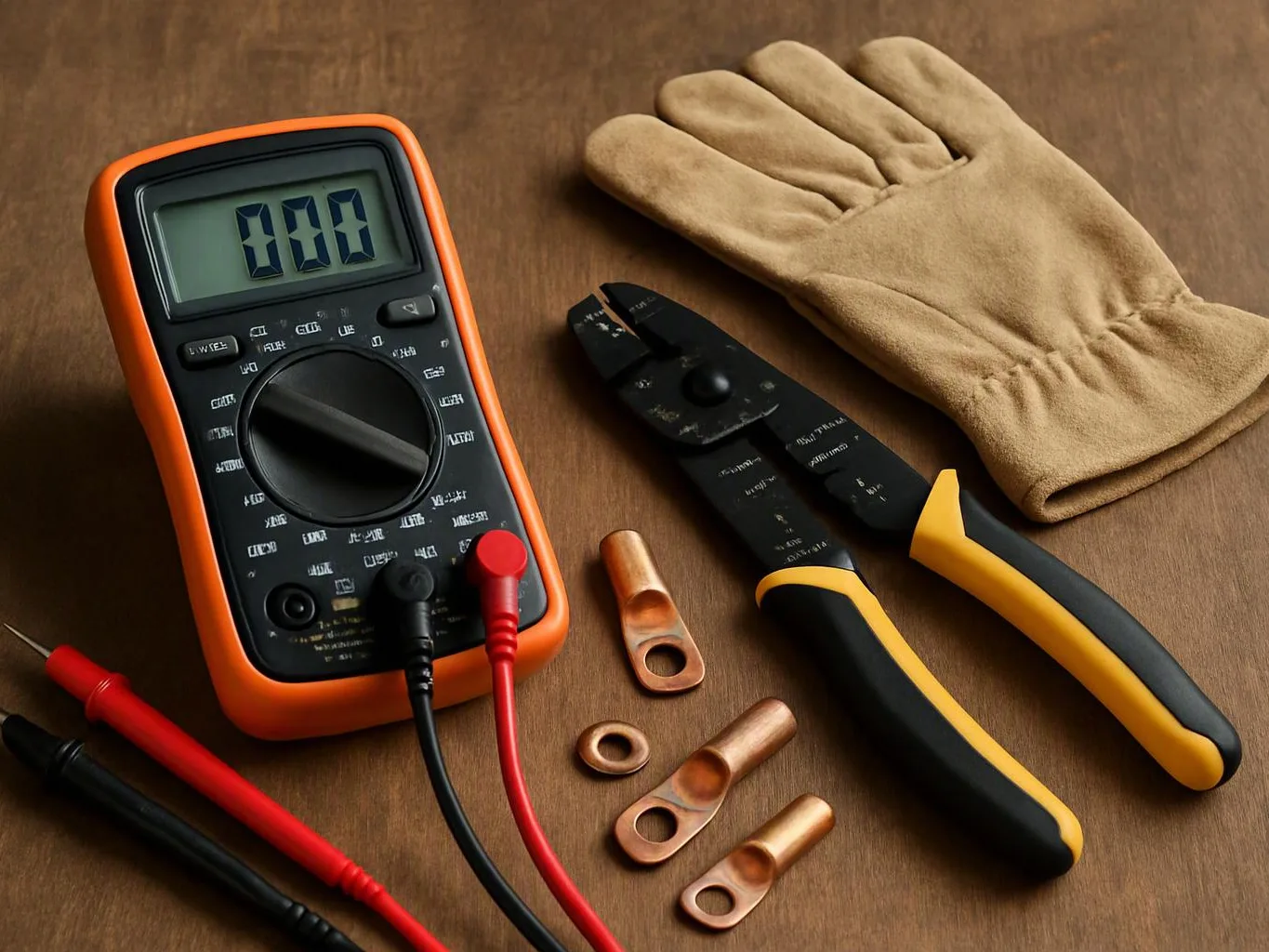 A digital multimeter, wire stripper, glove, probes, and copper connectors lie on a wooden surface