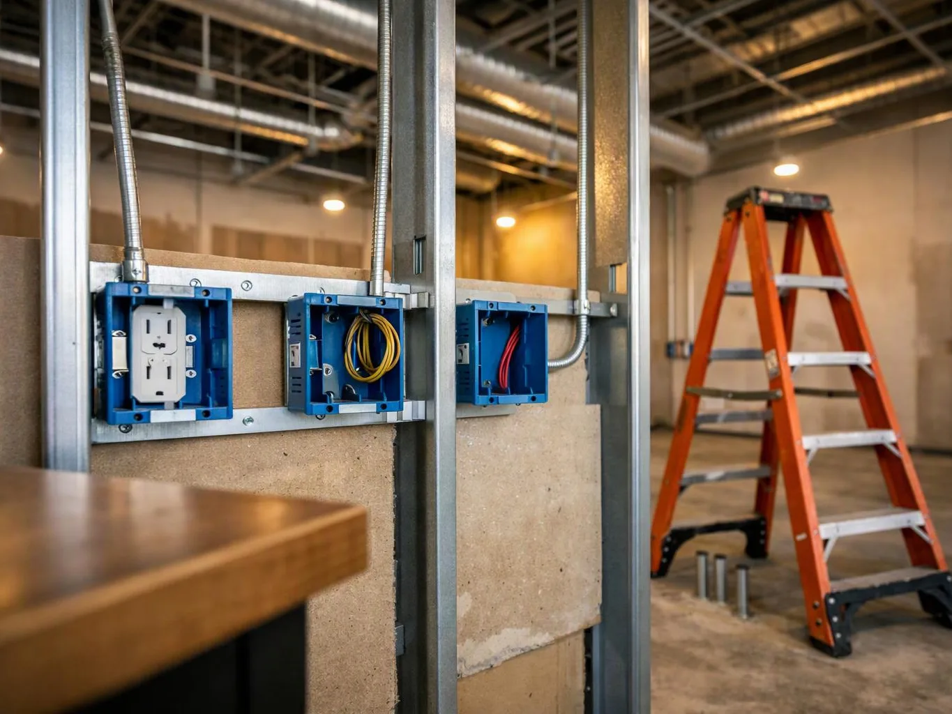 Electrical boxes and wiring sit in a wall frame beside an orange ladder in a bare room