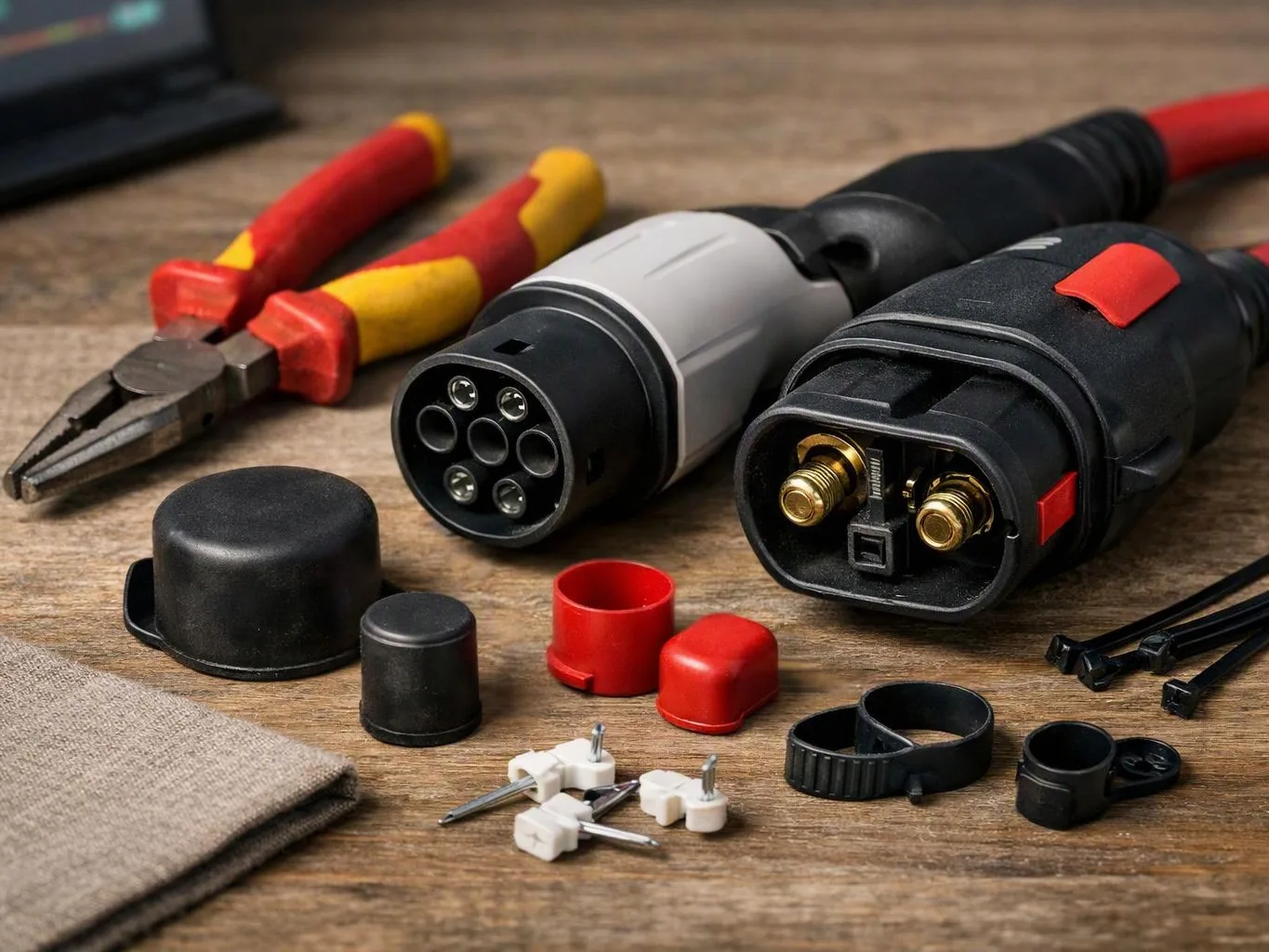 Electrical cable connectors, pliers, caps, clamps, and small fasteners are arranged on a wooden workbench