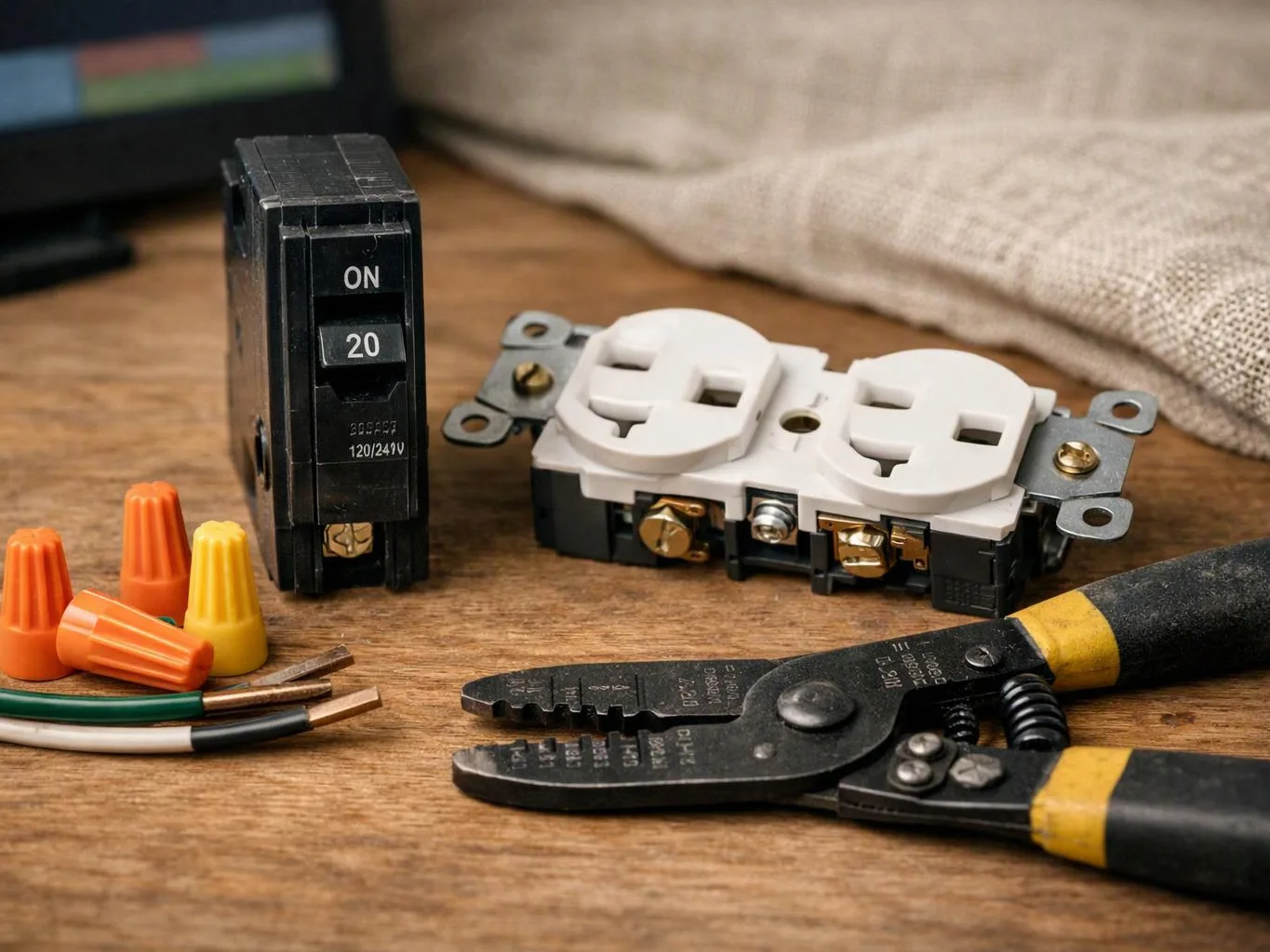 Electrical outlet parts, wire nuts, stripped wires, and crimping pliers laid out on a wooden surface
