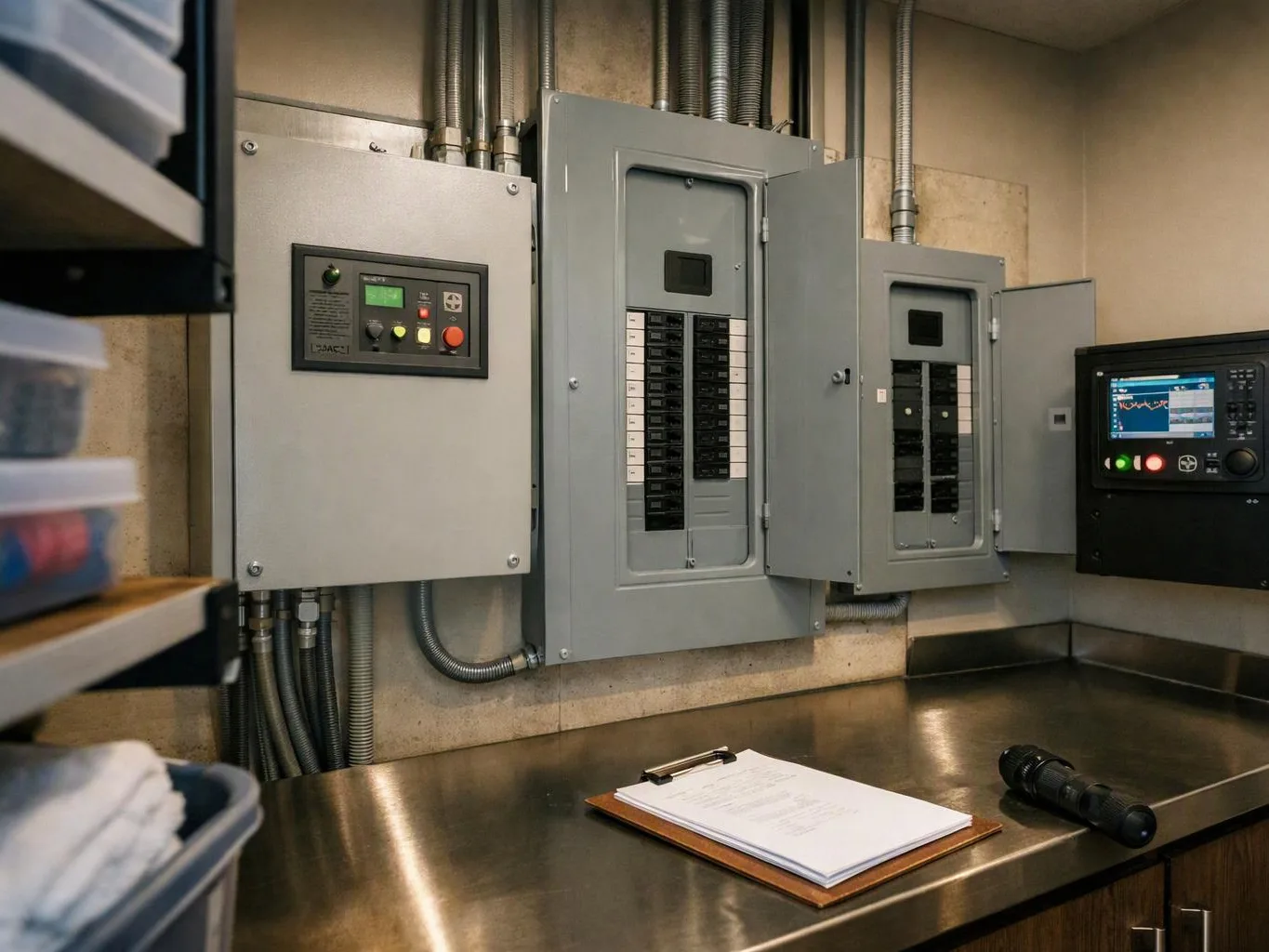 Electrical panels and monitoring screens line a metal utility room wall above a clipboard and flashlight