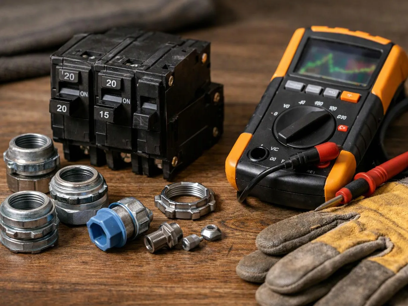 Electrical parts, a digital multimeter, and worn work gloves sit on a wooden workbench