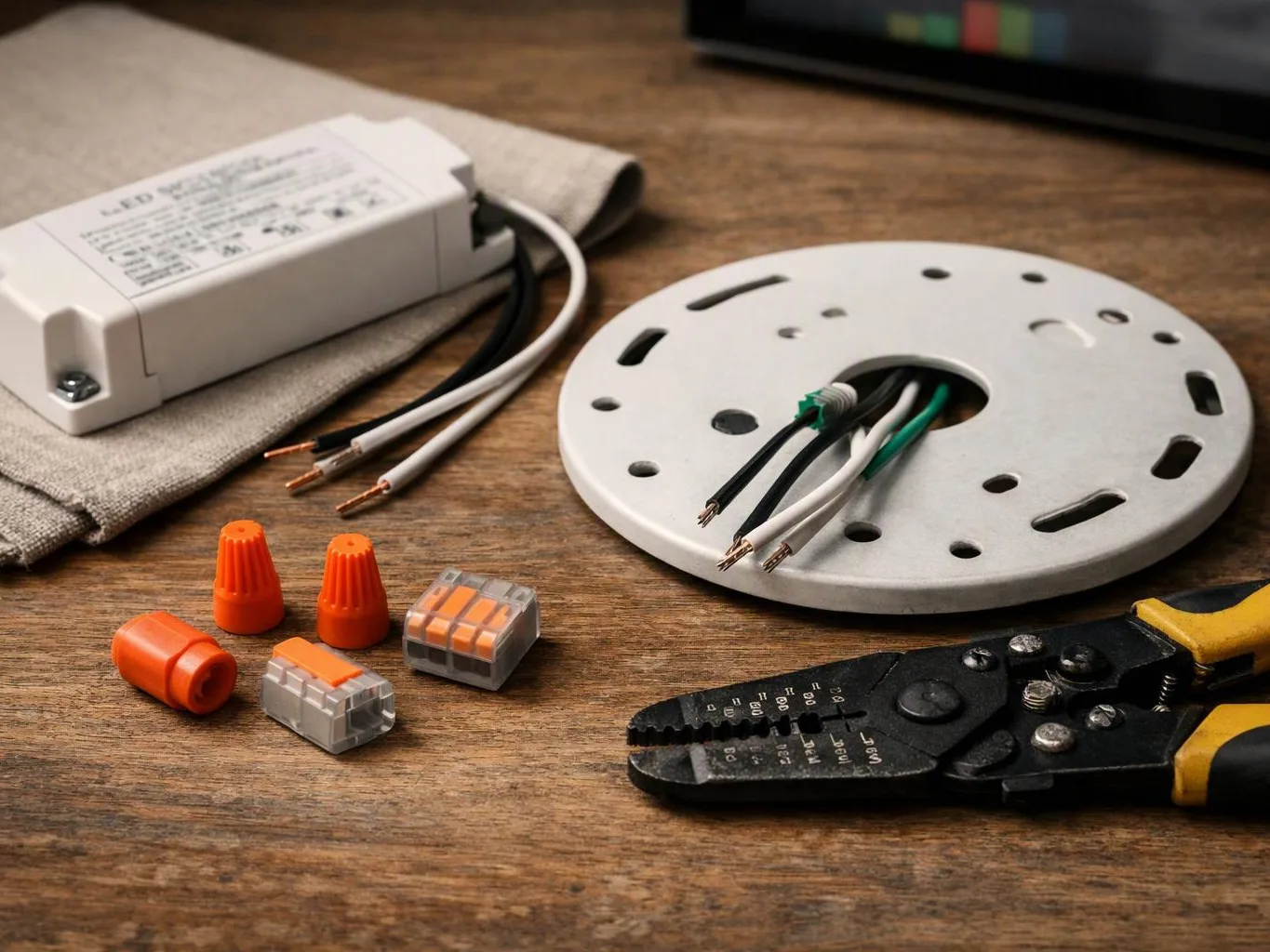 Electrical parts and wire tools sit on a wooden table, with a round metal plate holding exposed cables